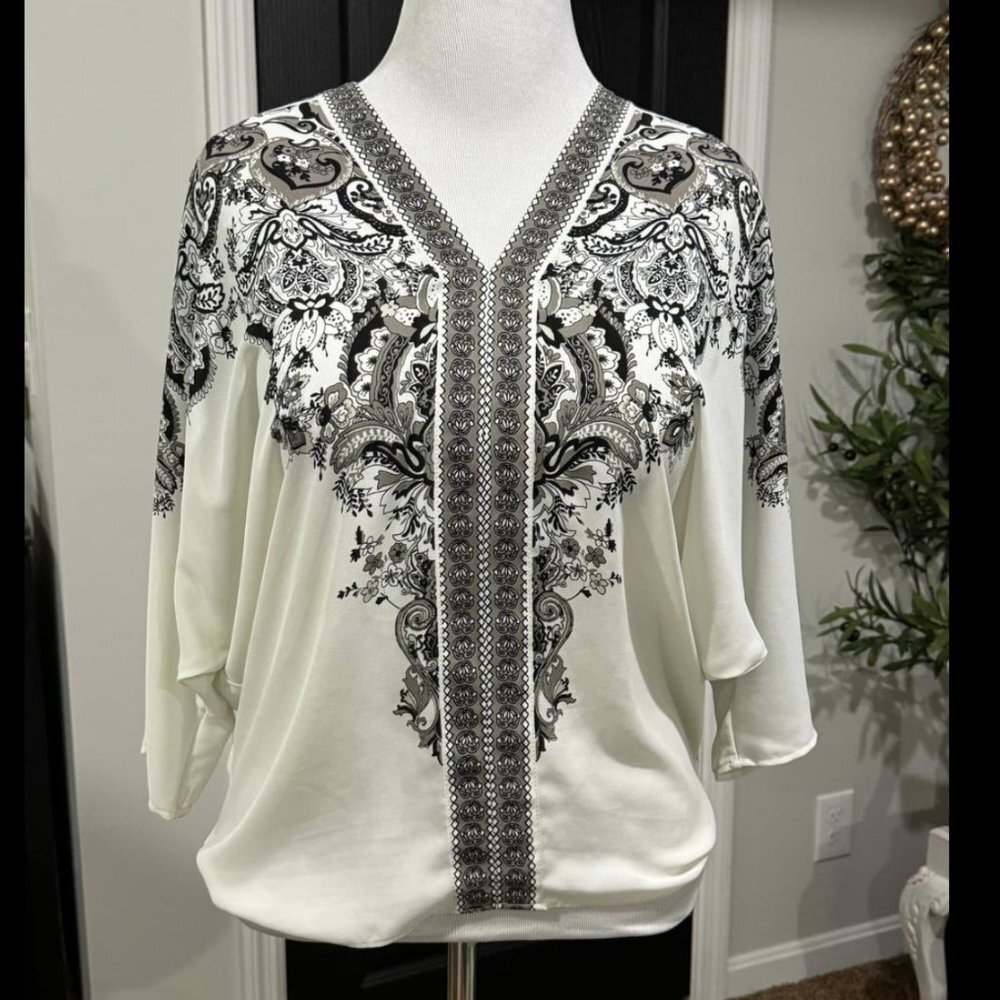 Rose &‎ Olive Cream Gray Black Dolman Top Size Small Oversized 3/4 sleeve